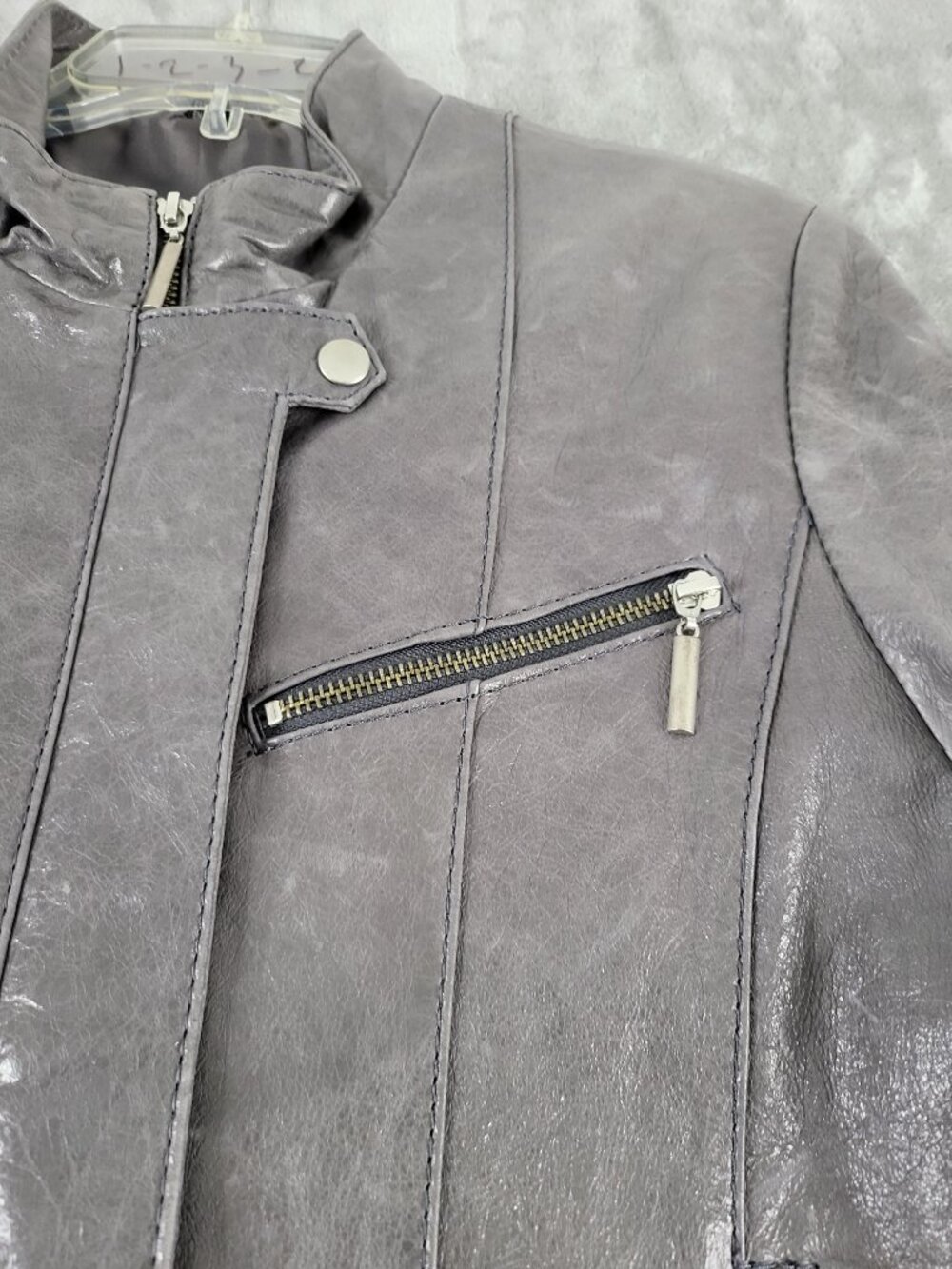 Vintage COLLEZIONE Genuine Leather Metallic Gray Moto Styling Jacket Size L - Picture 6 of 11